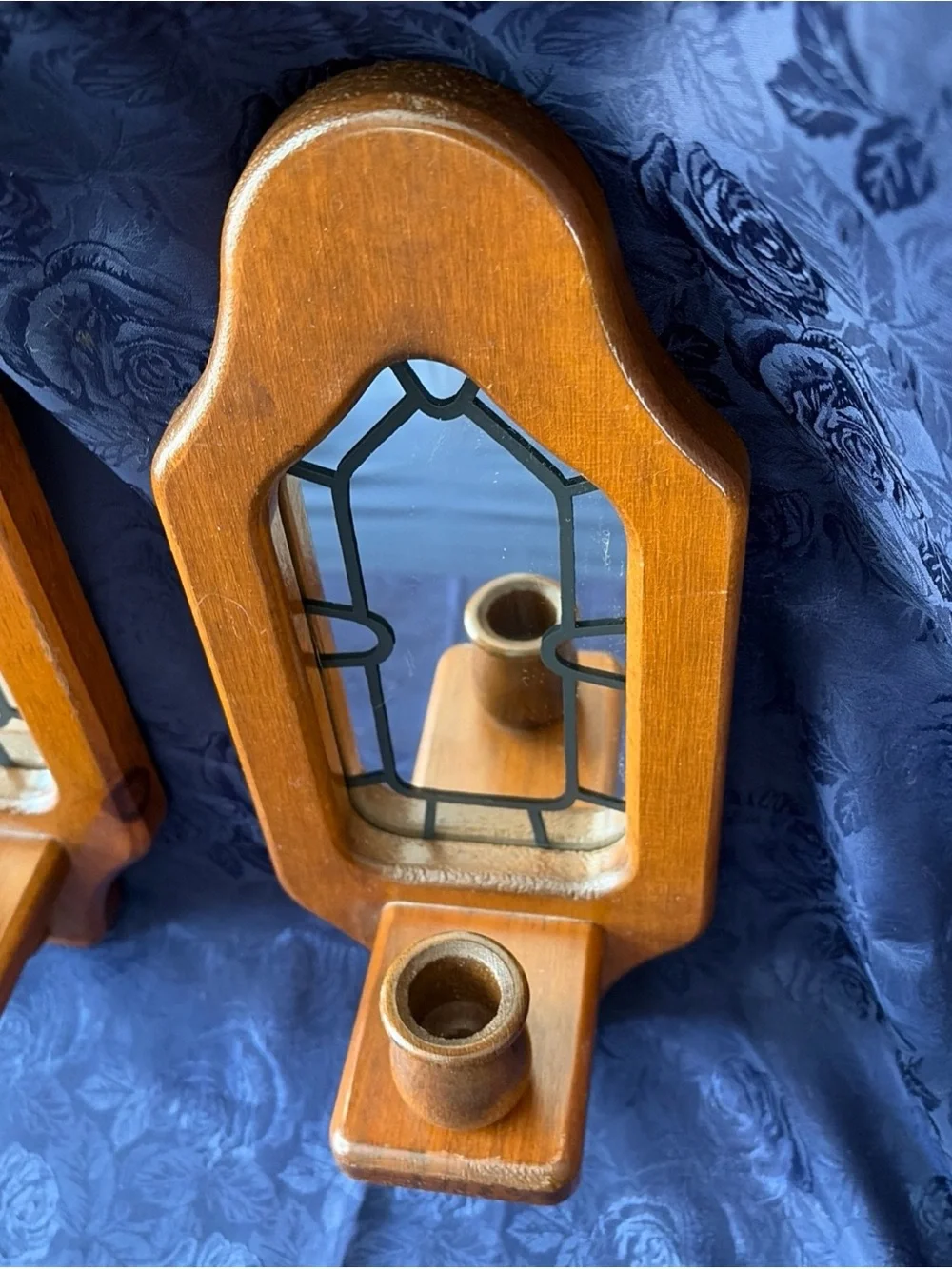 Pair Of VTG Wooden Mirrored Wall Sconce Candle Holders